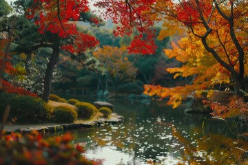 Wall Mural - Tranquil pond surrounded by colorful autumn trees. Suitable for seasonal and nature-themed projects