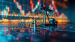A very detailed image, including elements provided by NASA, displaying oil price charts, oil pump nozzles, and stock market charts.
