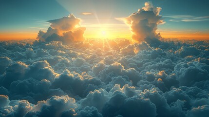 Wall Mural - Abstract sunny sky background, view of white fluffy clouds in the heaven, freedom concept. Soft focus. Vintage color.