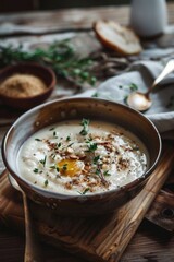 Canvas Print - A bowl of soup on a wooden cutting board. Perfect for food blogs or recipe websites