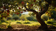 an apple tree is bearing fruit, in a green garden, focus , Generate AI