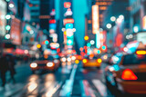 Fototapeta  - A blurry city street with cars and a neon sign