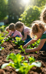 diverse school children gardening in school orchard during gardening or botany lesson