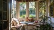 A cozy breakfast nook bathed in morning light, offering a serene garden view through a large window