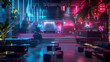 a nightclub with tables and chairs and neon lights