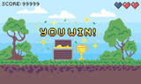 Fototapeta  - Cartoon Color Pixel Game Win Screen Concept Flat Design Style. Vector illustration of Video Game Interface