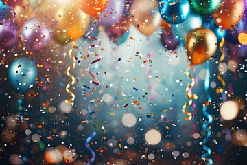 Wall Mural - Celebration background with festive balloons, bokeh decorations, and a joyful atmosphere, Festive backdrop adorned with colorful balloons, bokeh decorations, and an atmosphere of joy.