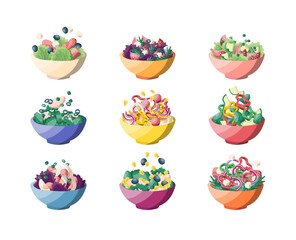 Sticker - Cartoon Color Various Salads Set Concept Flat Design Style. Vector illustration of Sliced Ingredients Falling Down in Bowl