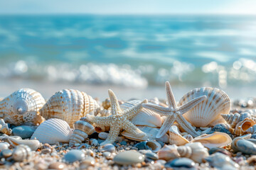 Wall Mural - A beach scene with shells and starfish scattered on the sand