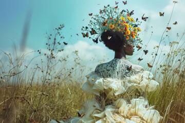 Aufkleber - Fashion image blending elements of nature and couture, A stunning fashion image seamlessly merging elements of nature with haute couture.