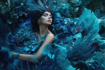 Aufkleber - Fashion image blending elements of nature and couture, A stunning fashion image seamlessly merging elements of nature with haute couture.