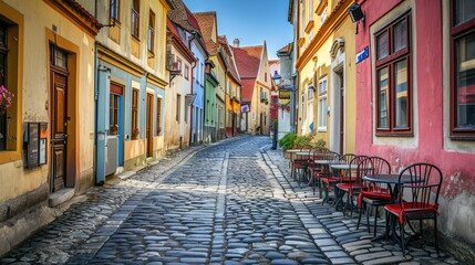  Quaint European street with colorful facades and cobblestones. A picturesque cobblestone street lined with colorful buildings and outdoor cafes in a quaint European town. Resplendent.