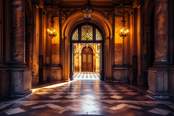 Wall Mural - A large, empty room with a doorway and a chandelier