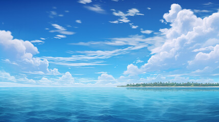 Canvas Print - blue sky and sea,On the horizon, aboat cuts through theturquoise waves, leaving a wake of anticipation. Above, theblue expanse meetswhite clouds, framing thetropical island like a postcard 