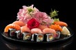 Sushi set on a black plate with a red rose on a black background