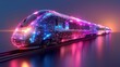 Abstract 3D blue and purple illustration with connected dots of a futuristic high-speed train. Future logistics, modern technology, transportation concept. Abstract low poly wireframe. Modern color