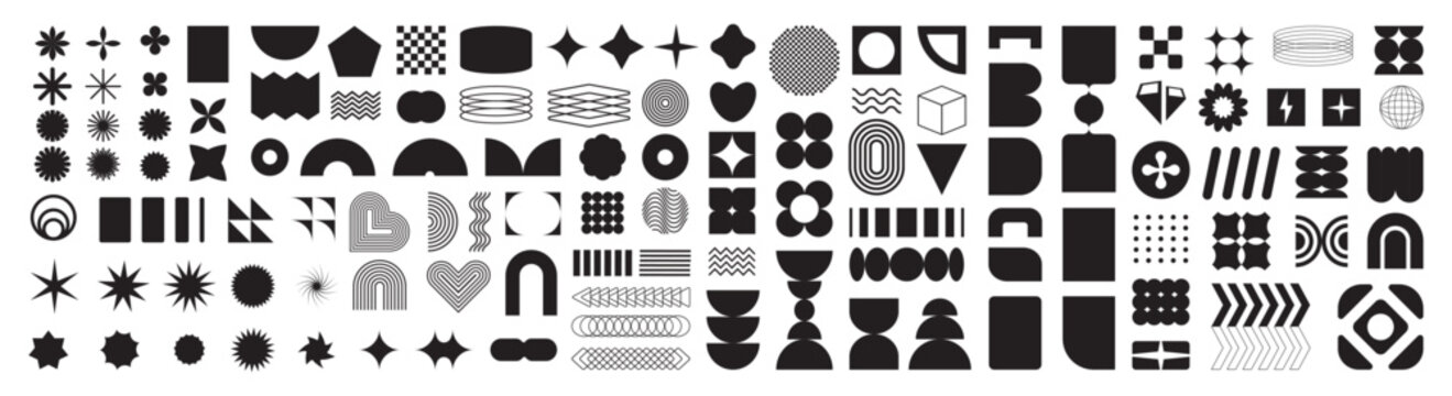 A set of graphic elements. Abstract geometric figures. Decorative minimalistic brutalist forms.