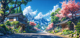Fototapeta Przestrzenne - Japanese or fantasy eastern landscape. Anime Spring summer autumn art. Beautiful view small town downtown background. Digital painting. Poster, invitation, flyer, banner, header. Generative Ai content