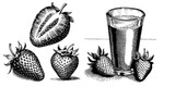 Fototapeta Dziecięca - Vintage strawberry and milkshake vector set. Cute, hand-drawn illustrations of fruit, juice, and dessert. Retro black and white line art, featuring botanical details