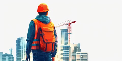 Wall Mural - 2D flat illustration of a construction worker on white background