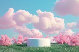 Fototapeta Dziecięca - Pink podium with pastel sky and cloud background for product display. 3D platform with sakura flower stage in a dreamy, spring garden scene. Abstract nature beauty with cherry bloom for fashion show