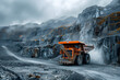 Heavy-duty mining truck in a mountainous quarry. Industrial extraction and transportation concept with a dramatic landscape backdrop, Massive dump truck on a foggy mountain road in a mining area