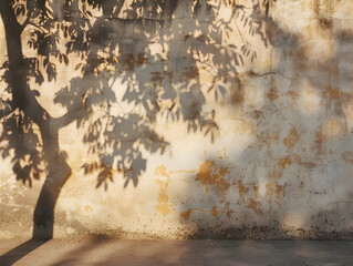 The warm hues of sunset cast a soft tree shadow on a peeling wall, invoking feelings of nostalgia and the passage of time