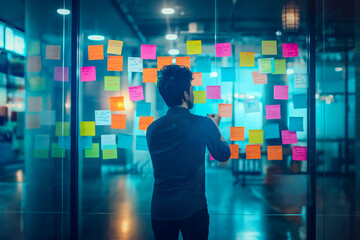 head manager lead brainstorm ideas sharing standing concentrate make a decision for strategy new project hand write short note paper sticky note on glass ideas wall board in modern office