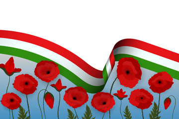 Wall Mural - Italian  flag ribbon, poppies flowers banner, background, poster, card, Italy National holiday template layout	