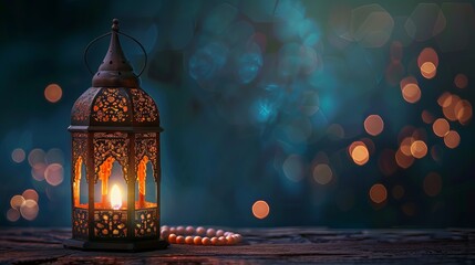 Wall Mural - A rosary and a Ramadan candle against a dark background