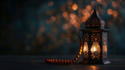 Wall Mural - A rosary and a Ramadan candle against a dark background