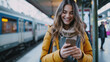A young smiling girl looks at her smartphone at the train station