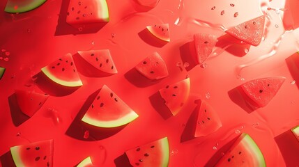 Wall Mural - Watermelon slices, delicious summer fruit, viewed from above against a crimson background