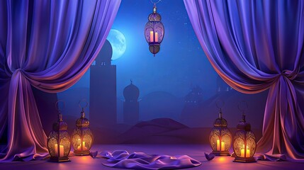 Wall Mural - Realistic 3D drawing of a lamp lantern and silk drape curtain for the celebration of Ramadan and Kareem. Arabic-Islamic cultural event décor