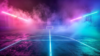 Wall Mural - Midfield and center of the textured soccer field are illuminated by neon fog.