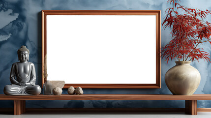 Chinese Mockup wood frame photo. Buddha statue inside in room. Vertical boarder Mock-up. Empty board photo frame. Ai generated. Colorful PNG illustration