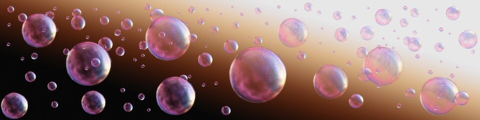 Wall Mural - Abstract colorful illustration of transparent soap bubbles flying on gradient background. Background for banner, poster, website header, space for text.	
