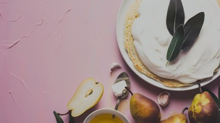 Wall Mural -  A white plate, cake, frosting, sliced pears, and a cup of tea