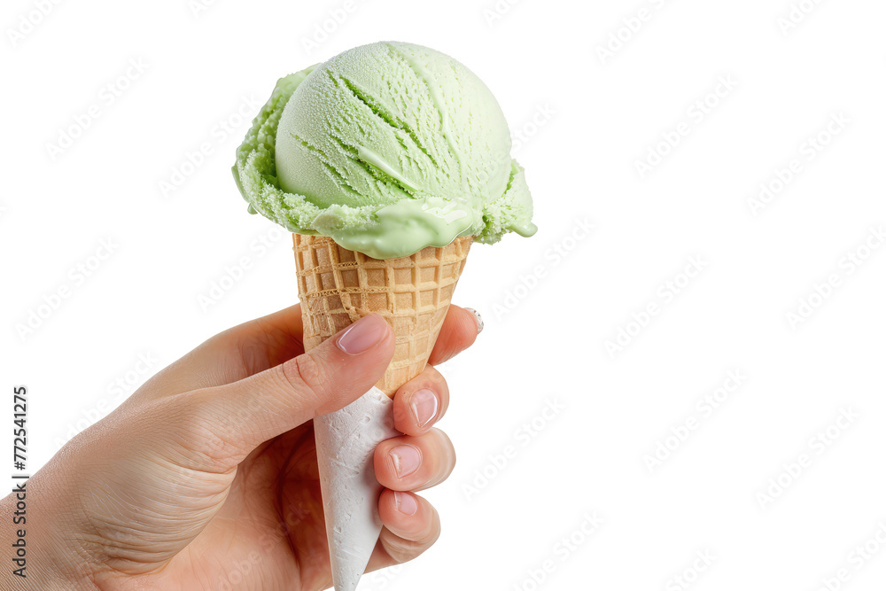 Female hand holding ice cream in waffle cone isolated on transparent ...