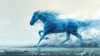 A high-resolution image of a blue horse galloping through a green meadow under clear, bright skies