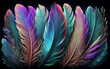 An array of multicolored bird feathers arranged on a contrasting dark background.