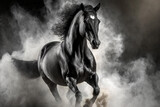 Fototapeta Konie - A black horse running with a cloud of dust around him.