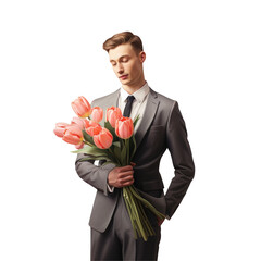 Wall Mural - Man in blazer and suit trousers gesturing with bouquet of pink tulips on transparent