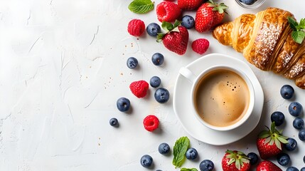 Wall Mural - Fresh morning breakfast with coffee and pastries surrounded by berries. Ideal for food blogs and menus. Light and healthy. AI