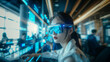 Selective focus of Asian business woman using AR glasses in the office.
