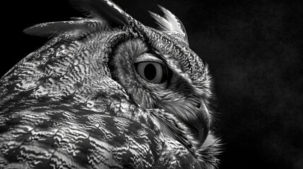 Wall Mural - Close-up of an owl or owl with a stern look on a black background. Monochrome style. Illustration for cover, card, postcard, interior design, decor or print.