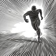 Running athlete. Energetic young athlete or marathon runner. Sport. Imitation sketch print in black and white coloring. Design for cover, card, postcard, print.