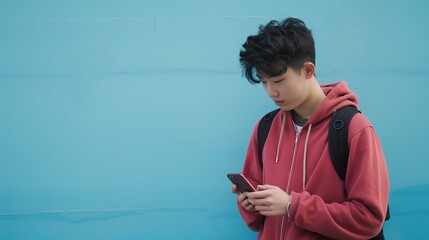 Wall Mural - young korean man deep in thought, smartphone in hand, against a light blue background. generative AI