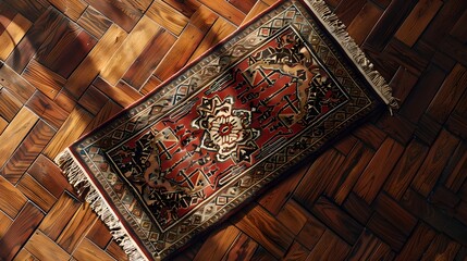 Wall Mural - Elegant Oriental Rug on a Warm Wooden Parquet Floor. Interior Design Enhancement. Traditional Home Decor Piece. Stylish Room Accessory. AI