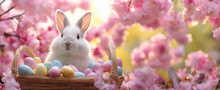 An Alert Bunny Perches In A Wicker Basket Amid A Cluster Of Vibrant Easter Eggs., Banner, Copyspace